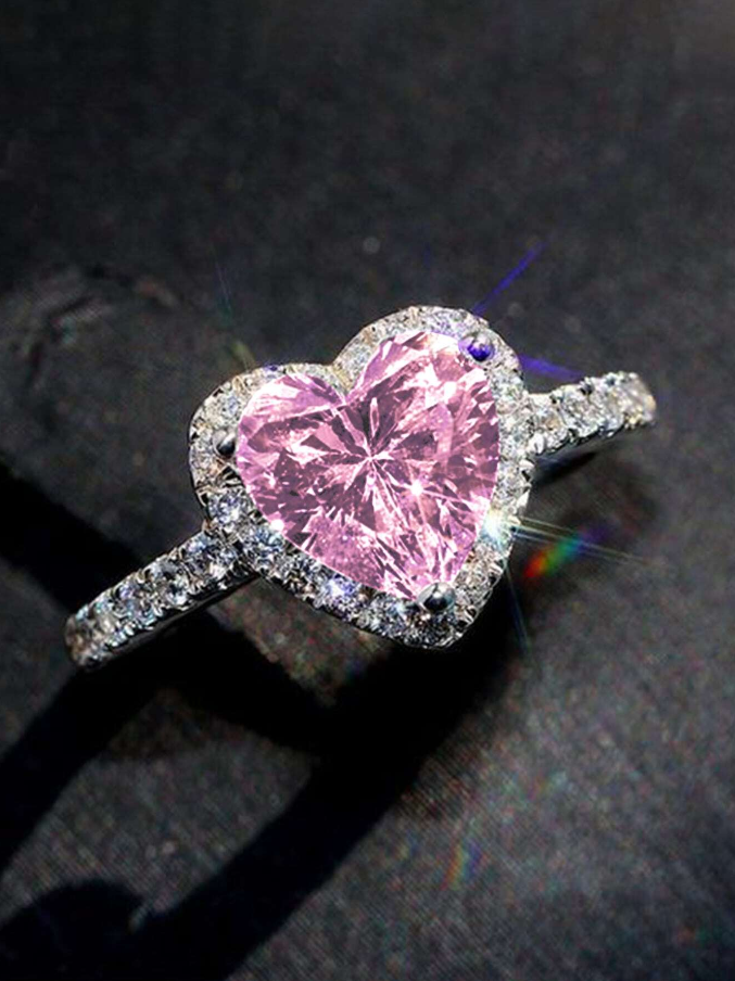 Romantic Pink Heart Cubic Zirconia Ring For Women