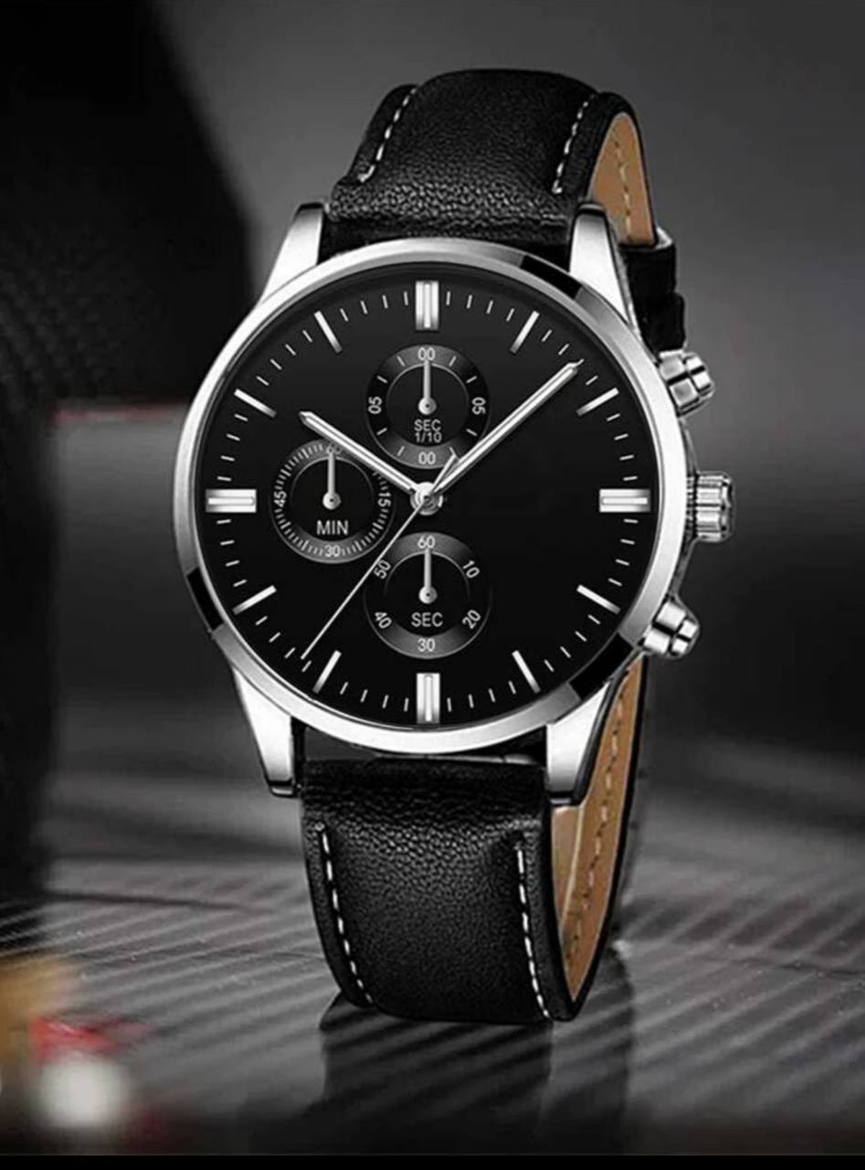 Black Pu Leather Strap Fashion Round Quartz Watch For Men