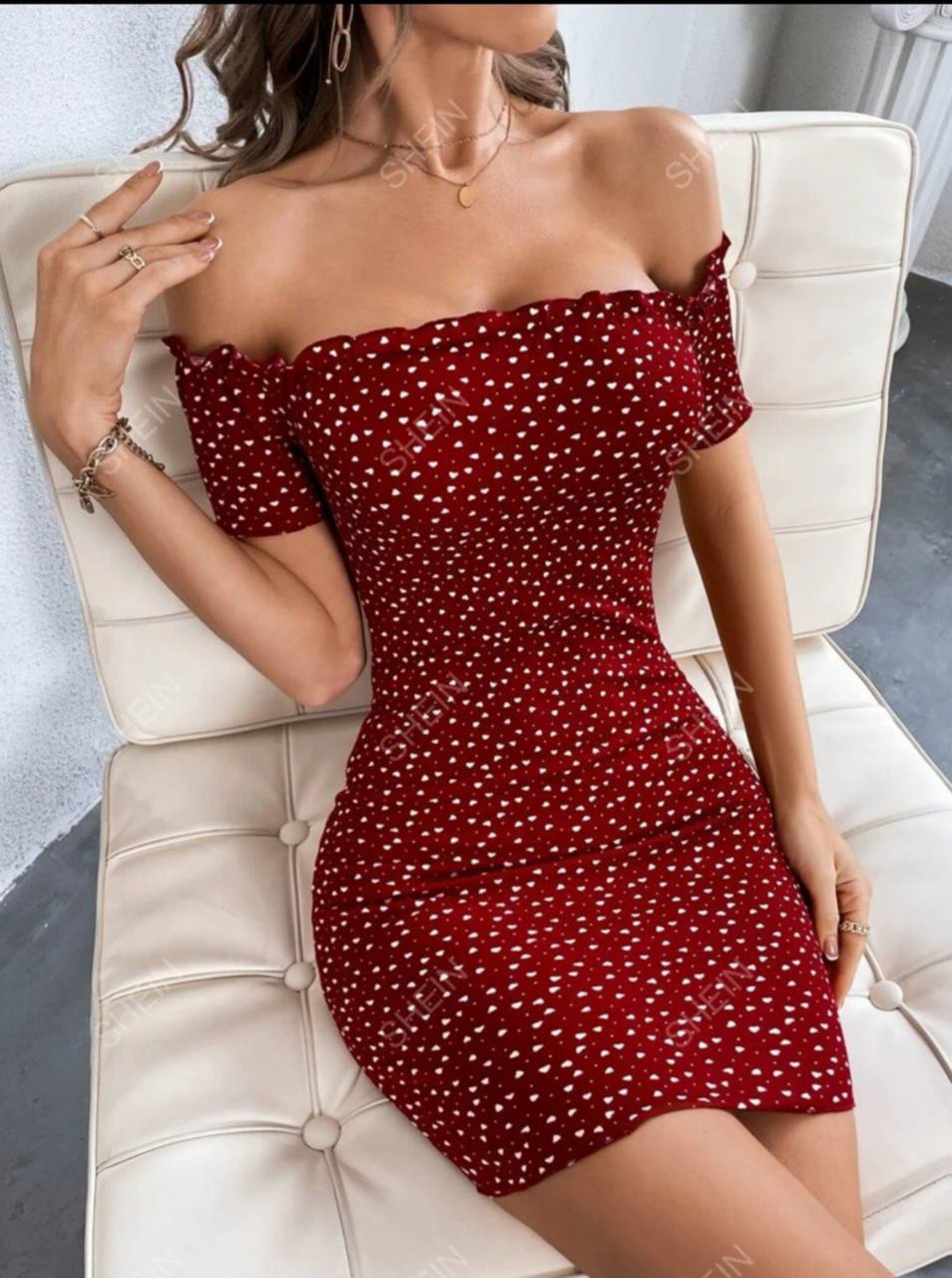 VCAY Connfetti Heart Print Off Shoulder Women Dress