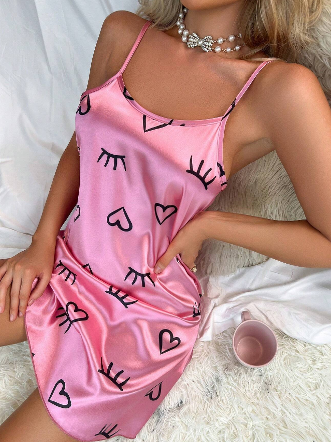 Eyelash & Heart Print Satin Nightdress