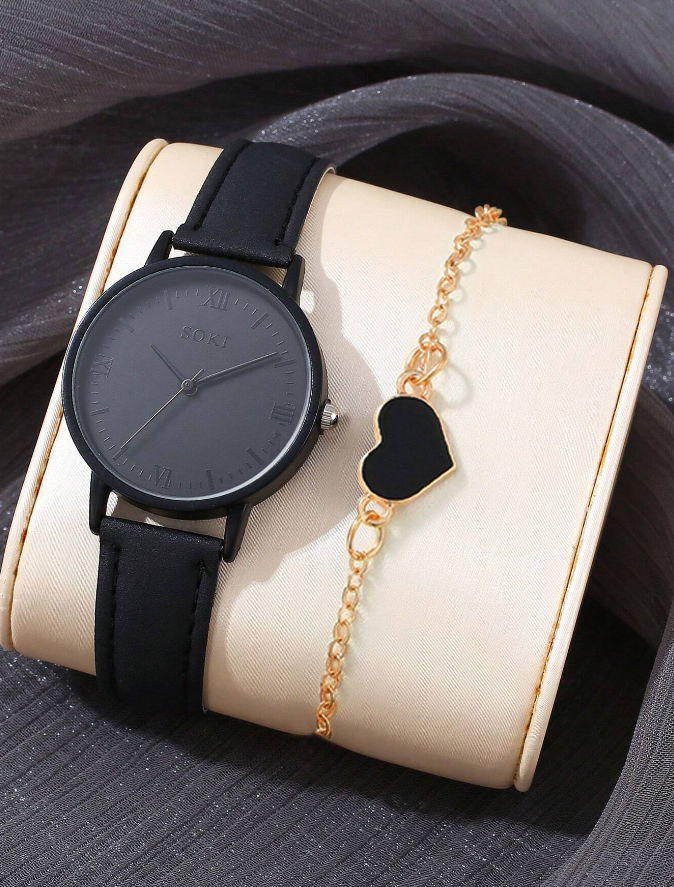 Ladies Black Pu Leather Strap Watch & Heart Shaped Bracelet Set